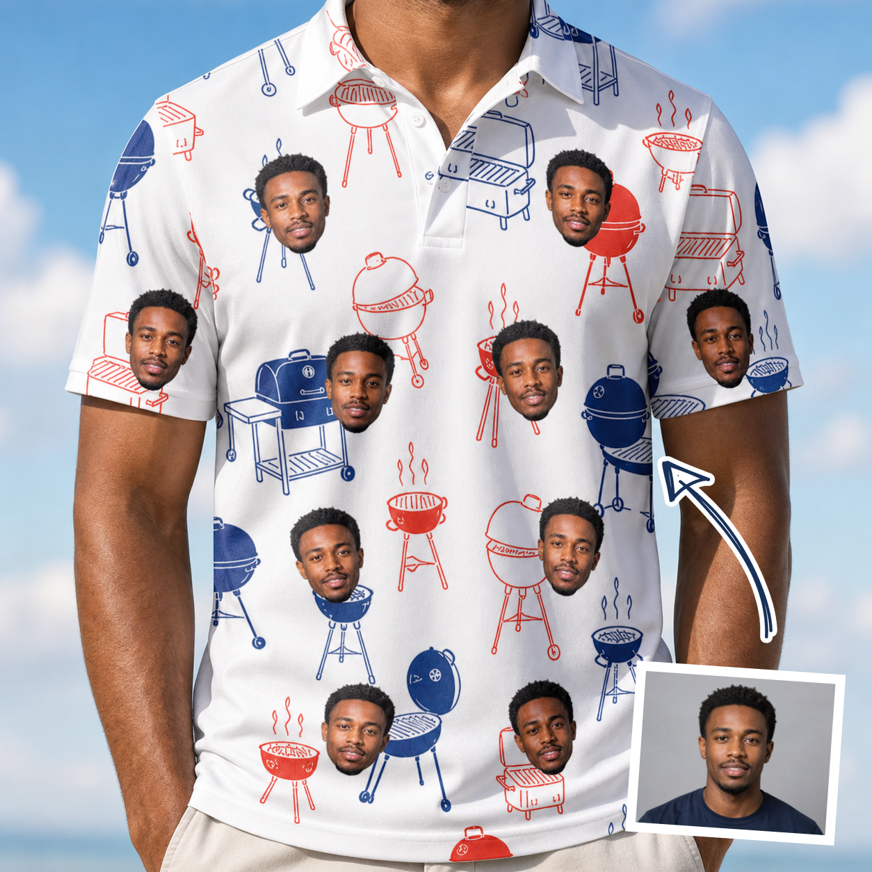 Man wearing Men's Grate Expectations Custom Face Polo Shirt — custom faces printed all-over