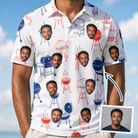 Man wearing Men's Grate Expectations Custom Face Polo Shirt — custom faces printed all-over