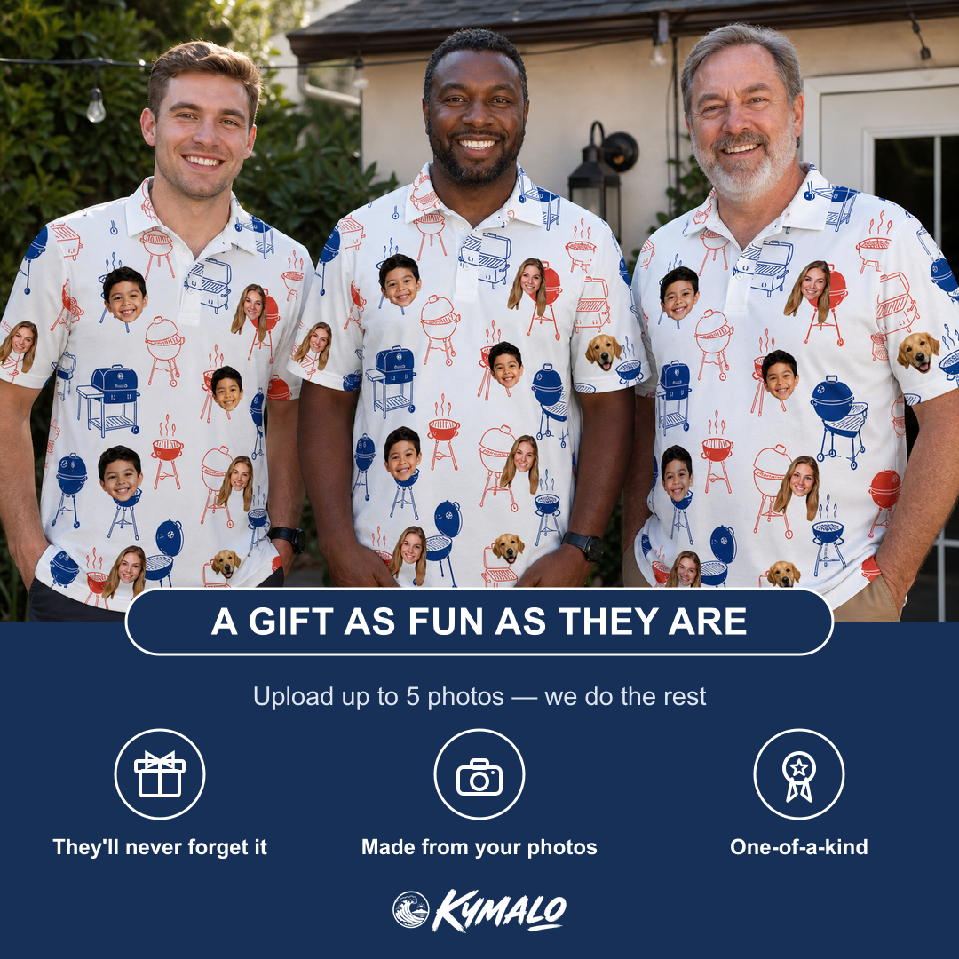 Friends in matching Men's Grate Expectations Custom Face Polo Shirt — a group gift photo