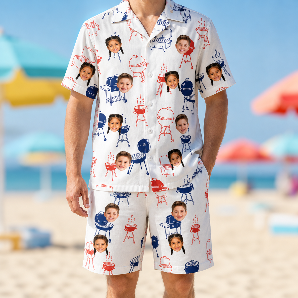 Model wearing Men's Grate Expectations Custom Face Shirt & Shorts Set printed with kids' faces
