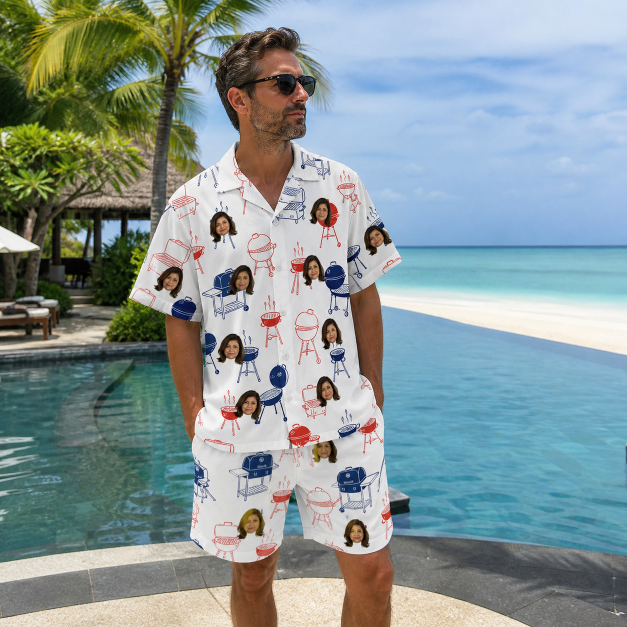 Real-life photo of someone wearing Men's Grate Expectations Custom Face Shirt & Shorts Set — custom faces printed all-over