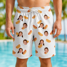 Model wearing Men's Mustard Mingle Custom Face Beach Shorts printed with kids' faces
