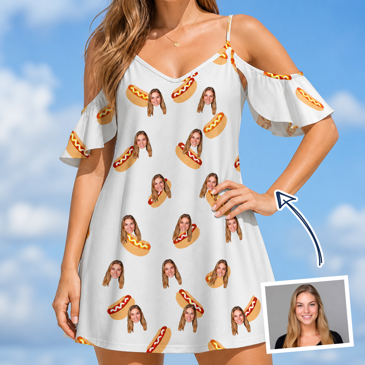 Woman wearing Women's Mustard Mingle Custom Face Off-Shoulder Dress — custom faces printed all-over