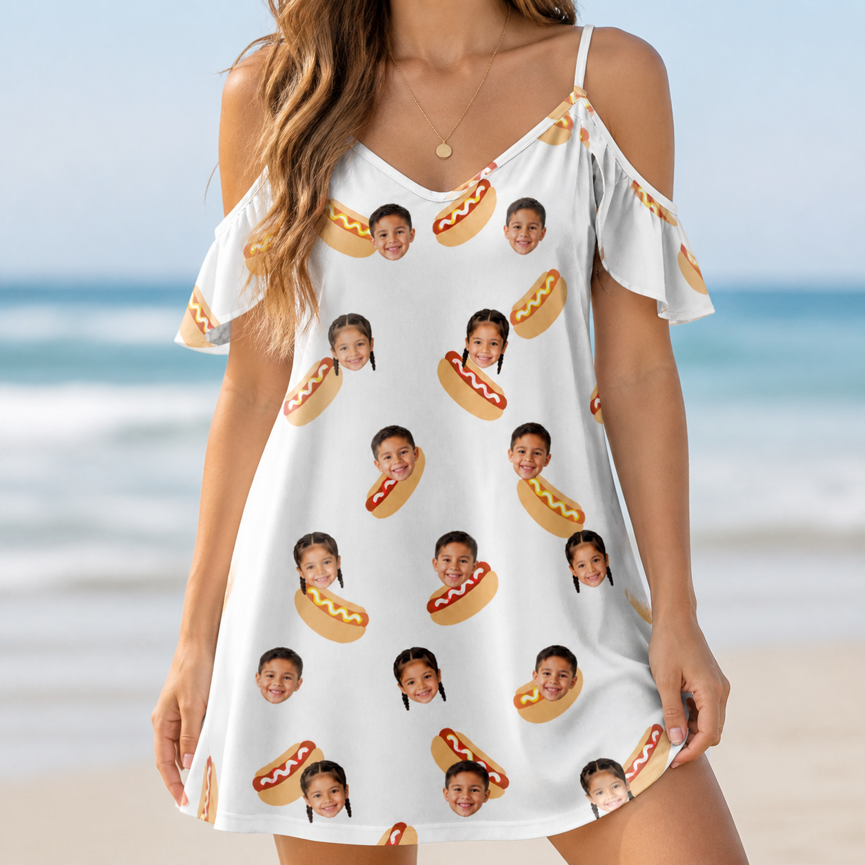 Model wearing Women's Mustard Mingle Custom Face Off-Shoulder Dress printed with kids' faces