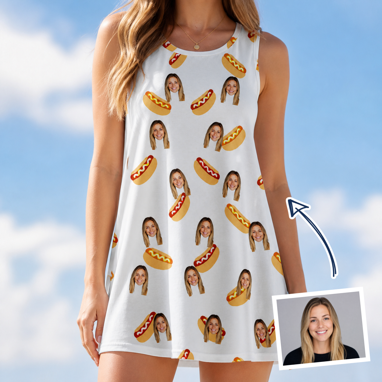 Woman wearing Women's Mustard Mingle Custom Face Tank Dress — custom faces printed all-over