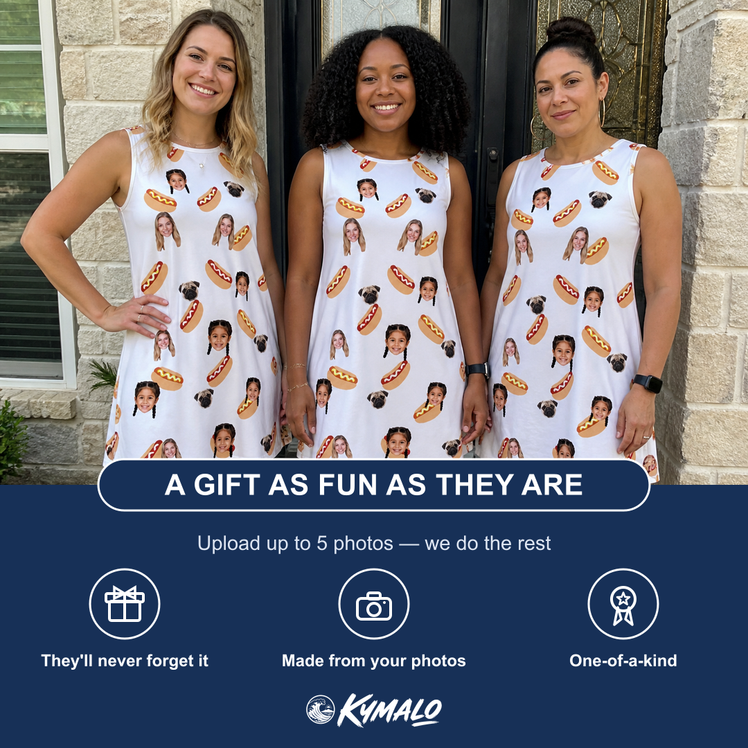 Friends in matching Women's Mustard Mingle Custom Face Tank Dress — a group gift photo