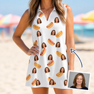 Woman wearing Women's Mustard Mingle Custom Face V-Neck Dress — custom faces printed all-over