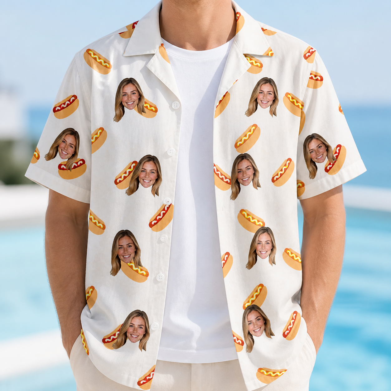 Man wearing Men's Mustard Mingle Custom Face Hawaiian Shirt open over a white tee