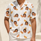 Model wearing Men's Mustard Mingle Custom Face Hawaiian Shirt printed with kids' faces