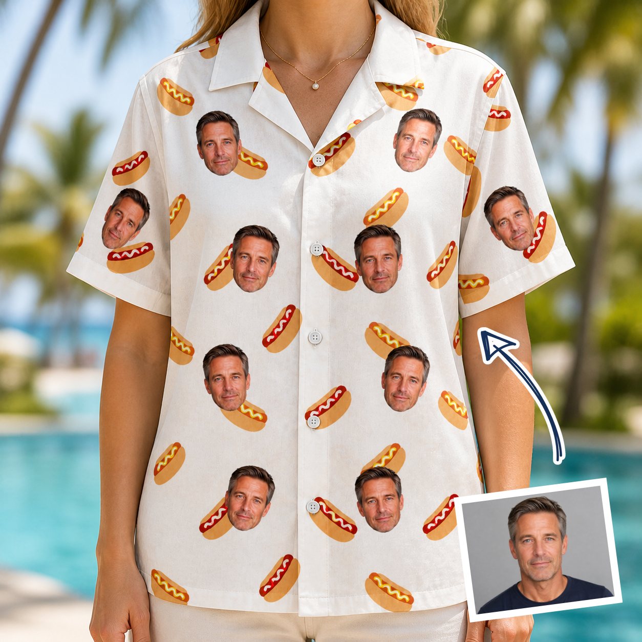 Woman wearing Women's Mustard Mingle Custom Face Hawaiian Shirt — custom faces printed all-over