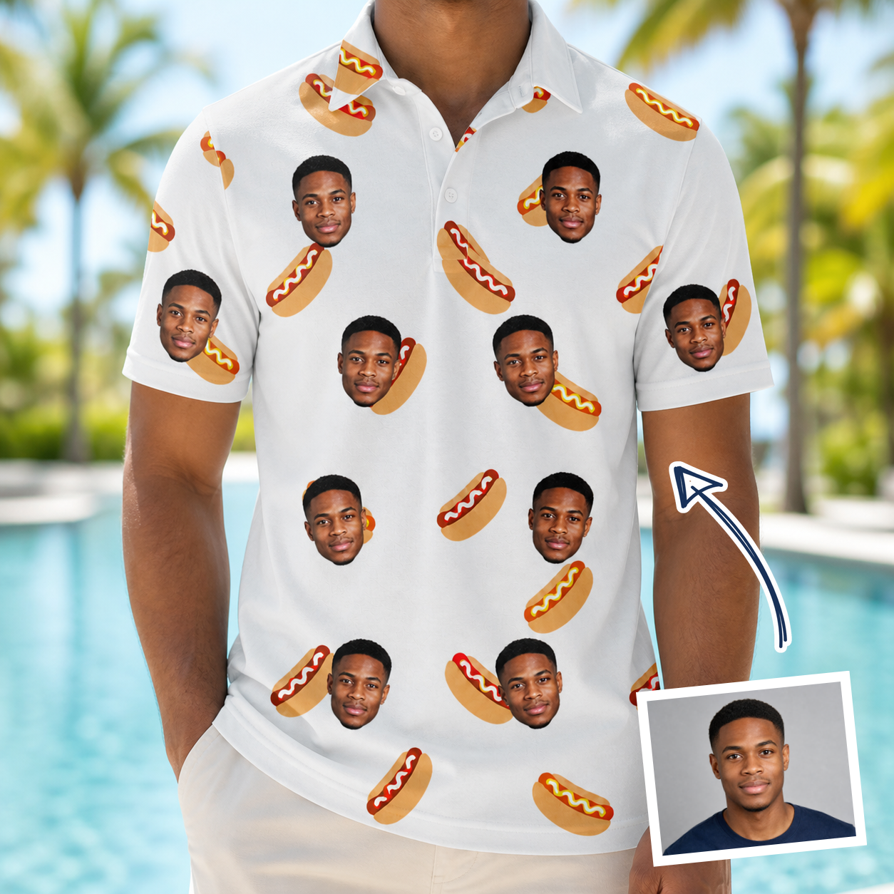 Man wearing Men's Mustard Mingle Custom Face Polo Shirt — custom faces printed all-over