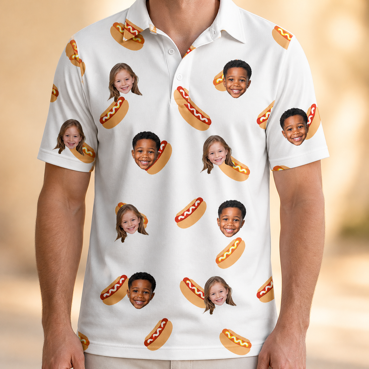Model wearing Men's Mustard Mingle Custom Face Polo Shirt printed with kids' faces