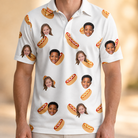 Model wearing Men's Mustard Mingle Custom Face Polo Shirt printed with kids' faces