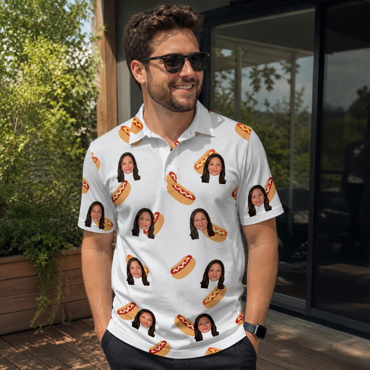 Real-life photo of someone wearing Men's Mustard Mingle Custom Face Polo Shirt — custom faces printed all-over