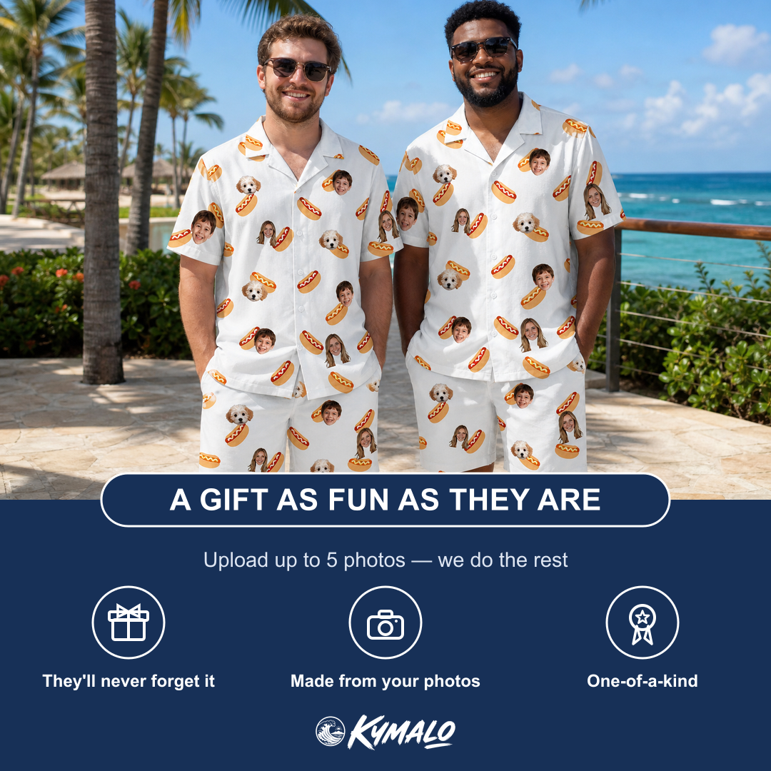 Friends in matching Men's Mustard Mingle Custom Face Shirt & Shorts Set — a group gift photo