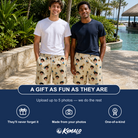Friends in matching Men's Affection Aloft Custom Face Beach Shorts — a group gift photo