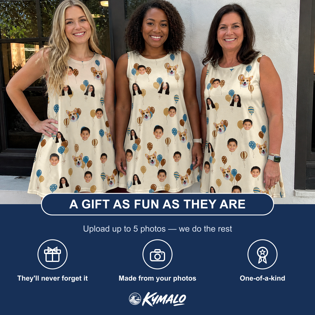 Friends in matching Women's Affection Aloft Custom Face Tank Dress — a group gift photo