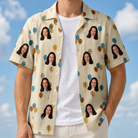 Man wearing Men's Affection Aloft Custom Face Hawaiian Shirt open over a white tee