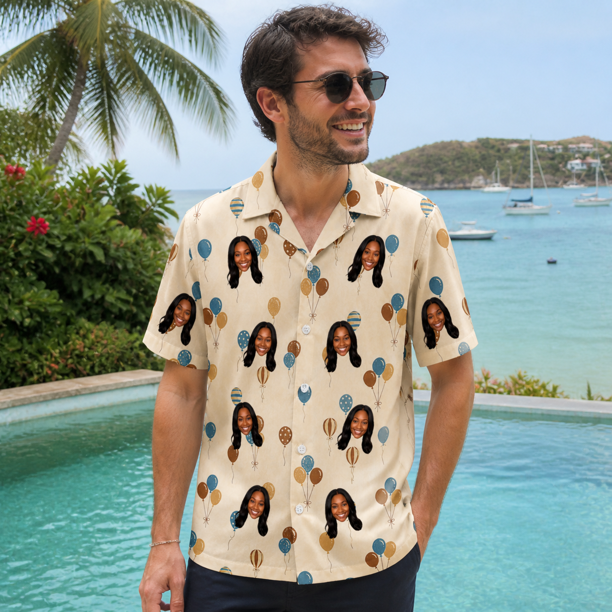 Real-life photo of someone wearing Men's Affection Aloft Custom Face Hawaiian Shirt — custom faces printed all-over