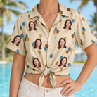 Woman wearing Women's Affection Aloft Custom Face Hawaiian Shirt tied at the waist