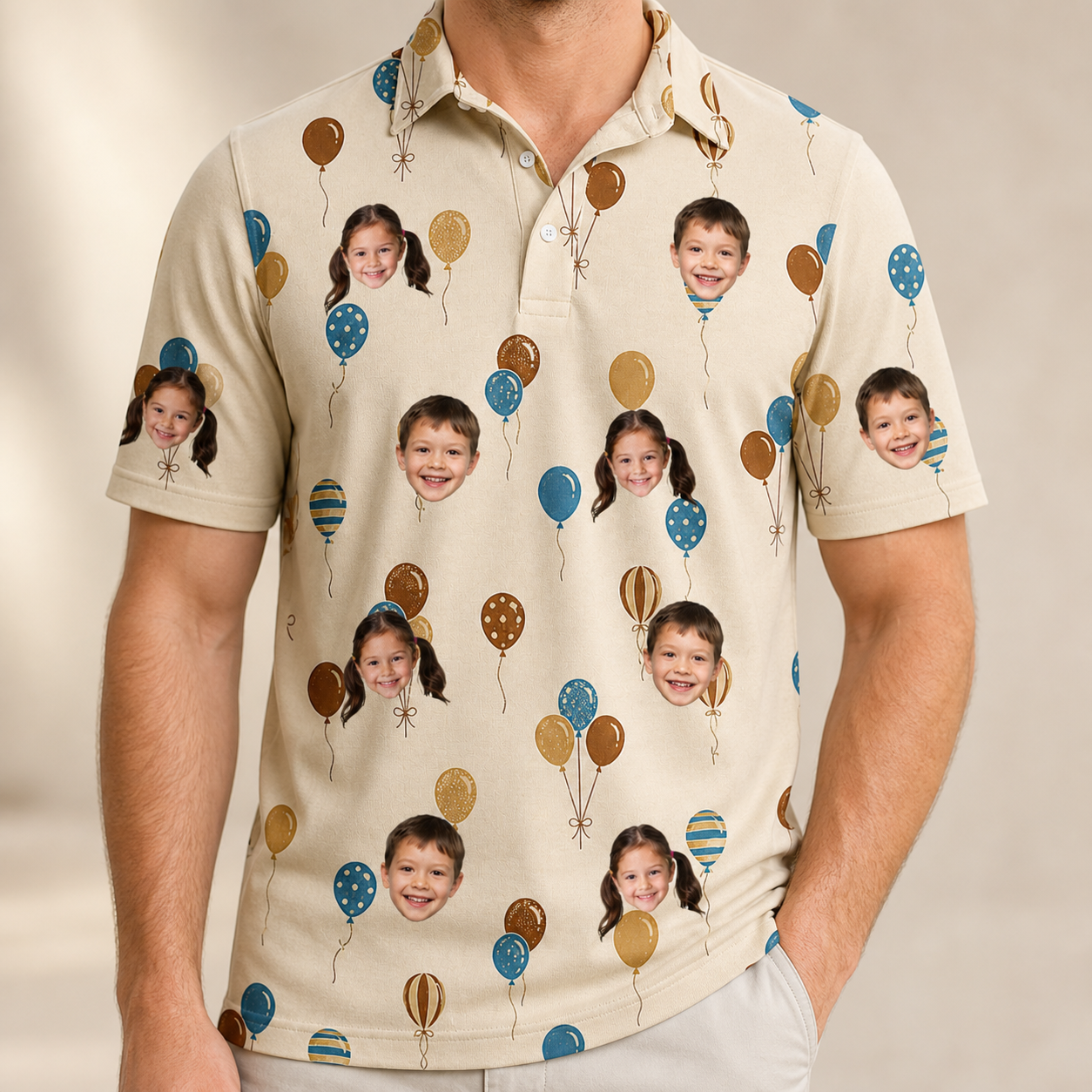 Model wearing Men's Affection Aloft Custom Face Polo Shirt printed with kids' faces