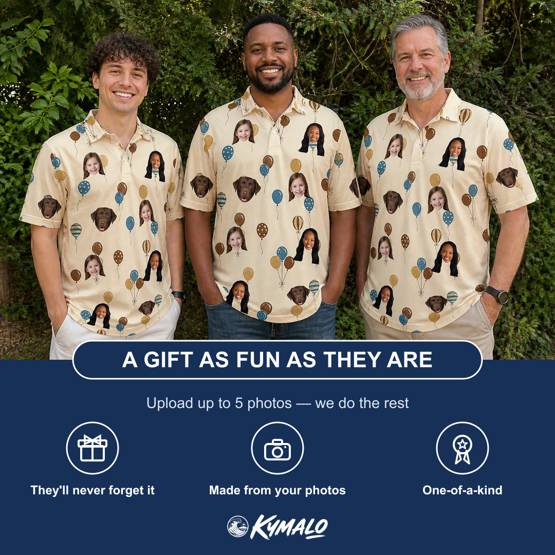 Friends in matching Men's Affection Aloft Custom Face Polo Shirt — a group gift photo