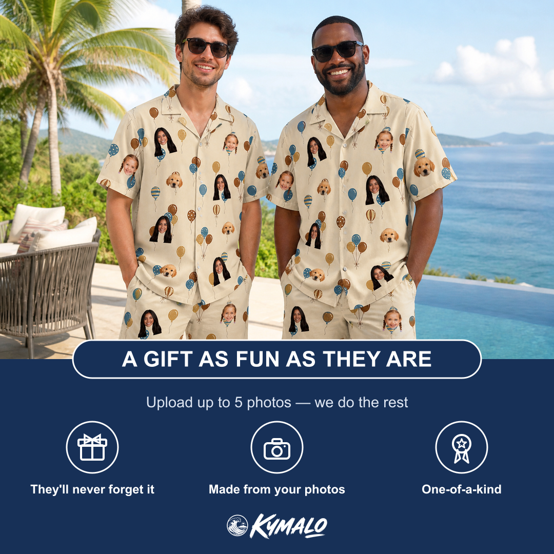 Friends in matching Men's Affection Aloft Custom Face Shirt & Shorts Set — a group gift photo