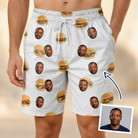 Man wearing Men's Burger Banquet Custom Face Beach Shorts — custom faces printed all-over