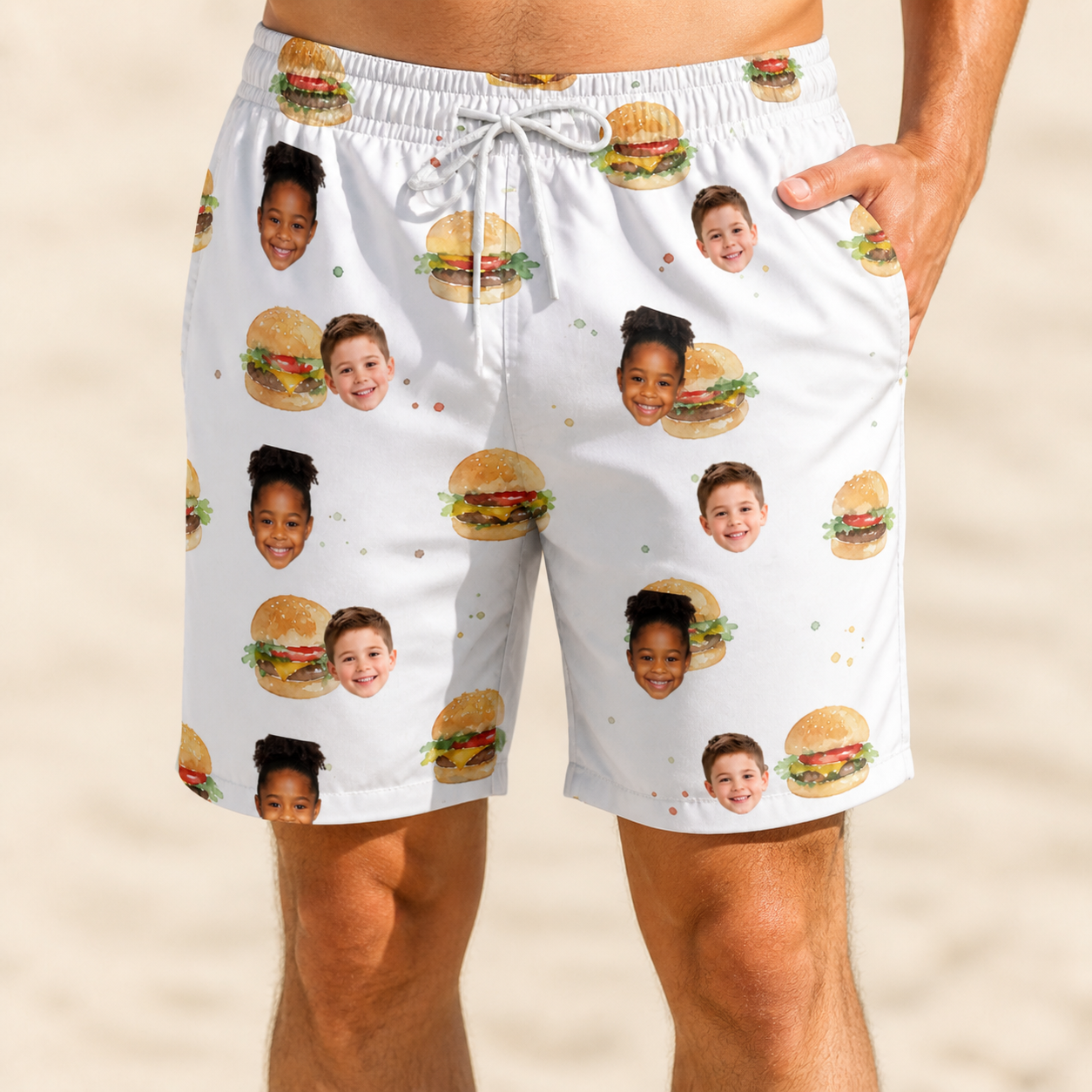 Model wearing Men's Burger Banquet Custom Face Beach Shorts printed with kids' faces