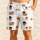 Model wearing Men's Burger Banquet Custom Face Beach Shorts printed with kids' faces