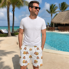 Real-life photo of someone wearing Men's Burger Banquet Custom Face Beach Shorts — custom faces printed all-over
