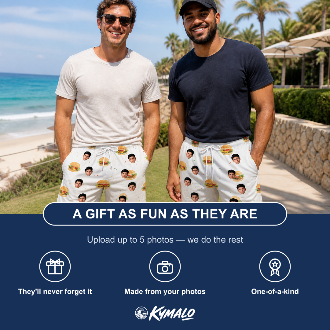 Friends in matching Men's Burger Banquet Custom Face Beach Shorts — a group gift photo