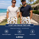 Friends in matching Men's Burger Banquet Custom Face Beach Shorts — a group gift photo