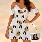 Woman wearing Women's Burger Banquet Custom Face Off-Shoulder Dress — custom faces printed all-over