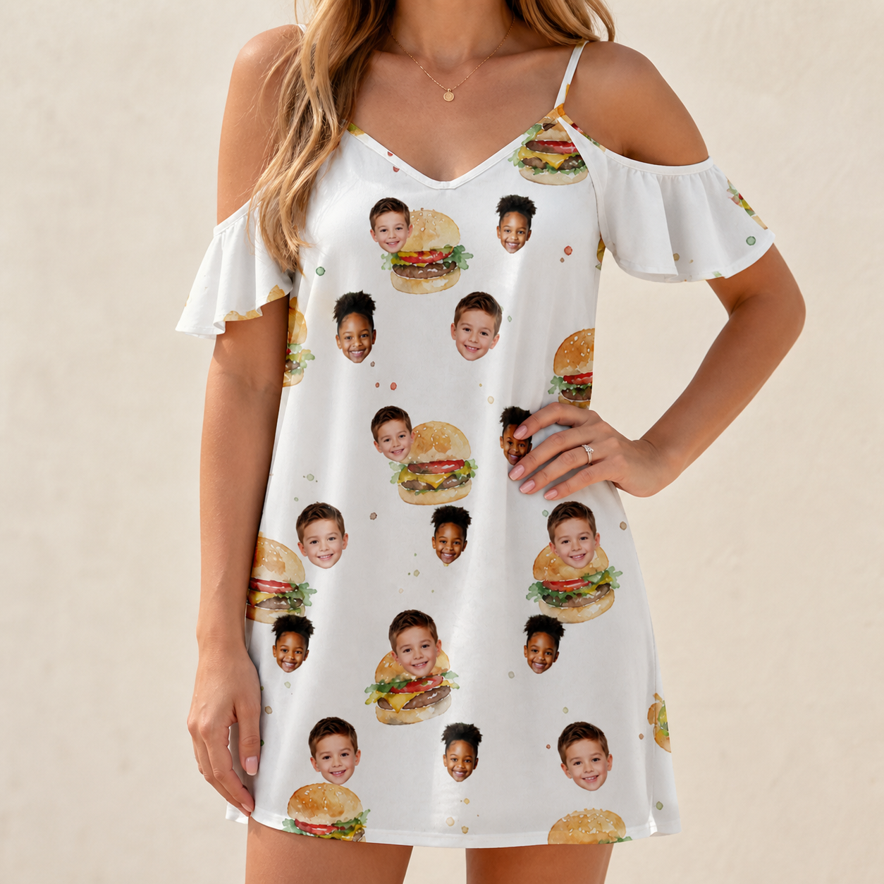 Model wearing Women's Burger Banquet Custom Face Off-Shoulder Dress printed with kids' faces