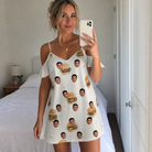 Real-life photo of someone wearing Women's Burger Banquet Custom Face Off-Shoulder Dress — custom faces printed all-over