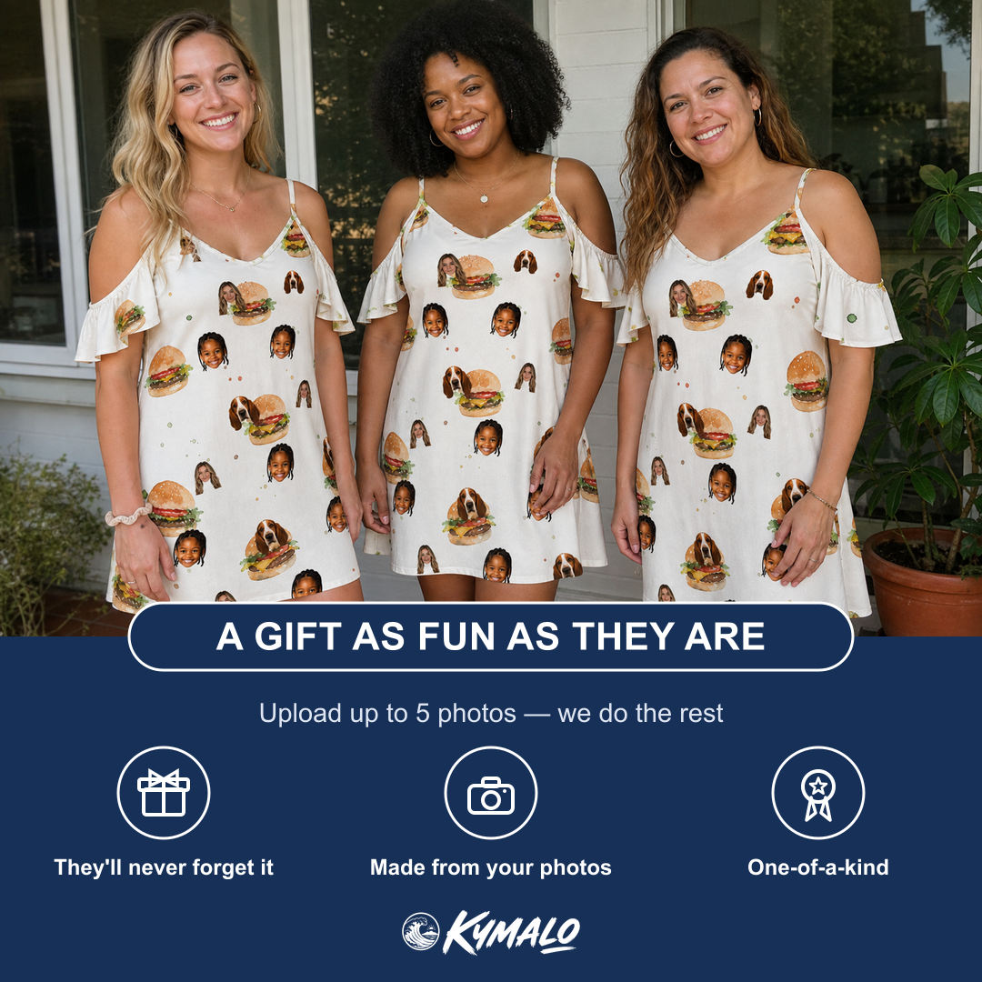 Friends in matching Women's Burger Banquet Custom Face Off-Shoulder Dress — a group gift photo