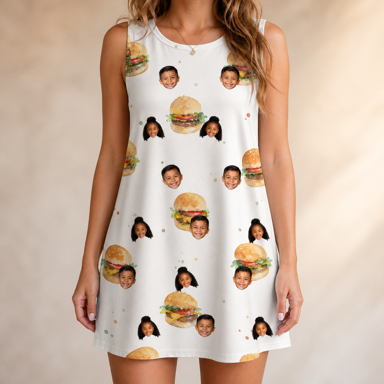Model wearing Women's Burger Banquet Custom Face Tank Dress printed with kids' faces
