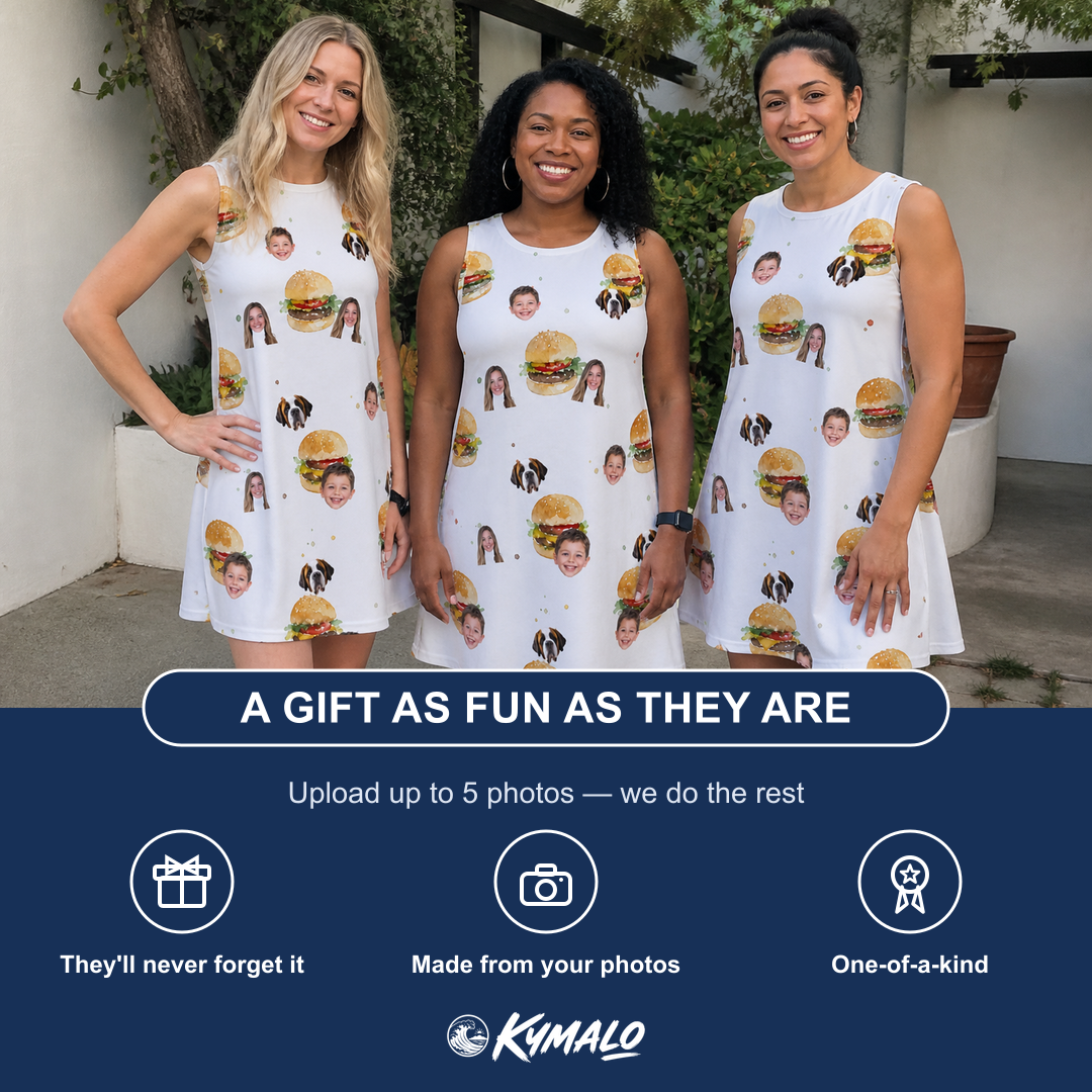 Friends in matching Women's Burger Banquet Custom Face Tank Dress — a group gift photo