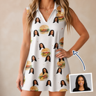 Woman wearing Women's Burger Banquet Custom Face V-Neck Dress — custom faces printed all-over