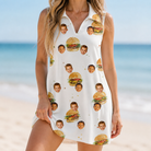 Model wearing Women's Burger Banquet Custom Face V-Neck Dress printed with kids' faces