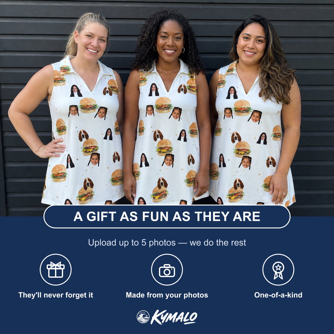 Friends in matching Women's Burger Banquet Custom Face V-Neck Dress — a group gift photo