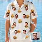 Man wearing Men's Burger Banquet Custom Face Hawaiian Shirt — custom faces printed all-over