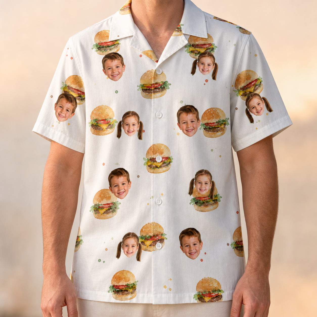 Model wearing Men's Burger Banquet Custom Face Hawaiian Shirt printed with kids' faces