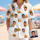 Woman wearing Women's Burger Banquet Custom Face Hawaiian Shirt — custom faces printed all-over