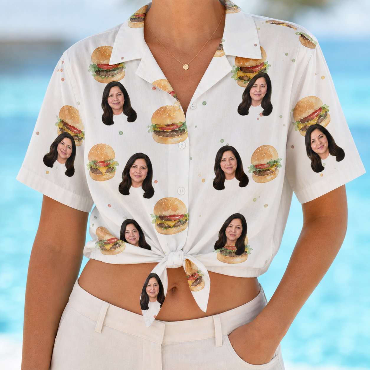 Woman wearing Women's Burger Banquet Custom Face Hawaiian Shirt tied at the waist