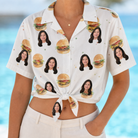 Woman wearing Women's Burger Banquet Custom Face Hawaiian Shirt tied at the waist