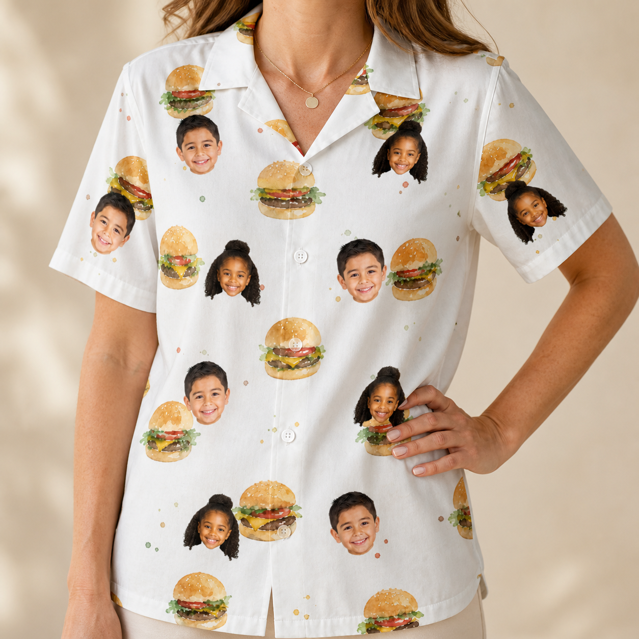 Model wearing Women's Burger Banquet Custom Face Hawaiian Shirt printed with kids' faces