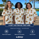 Friends in matching Women's Burger Banquet Custom Face Hawaiian Shirt — a group gift photo