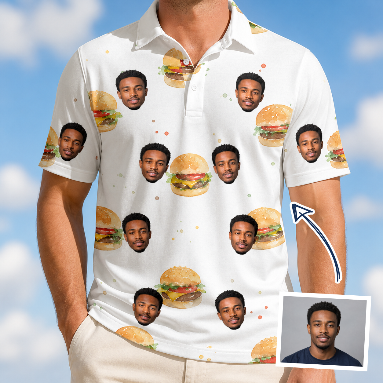 Man wearing Men's Burger Banquet Custom Face Polo Shirt — custom faces printed all-over